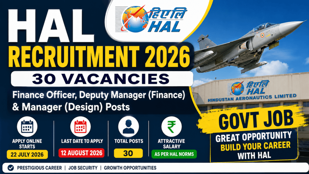 HAL Recruitment 2026 notification for 30 Finance Officer, Deputy Manager Finance and Manager Design posts apply online before 12 August 2026
