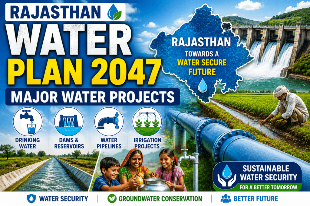 Rajasthan State Water Plan 2047 featuring Ramjal Setu Link Project, Yamuna Water Agreement, sustainable water management, and irrigation infrastructure.