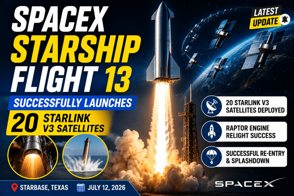 SpaceX Starship Flight 13 successfully launching from Starbase, Texas with 20 Starlink V3 satellites during the 2026 test mission
