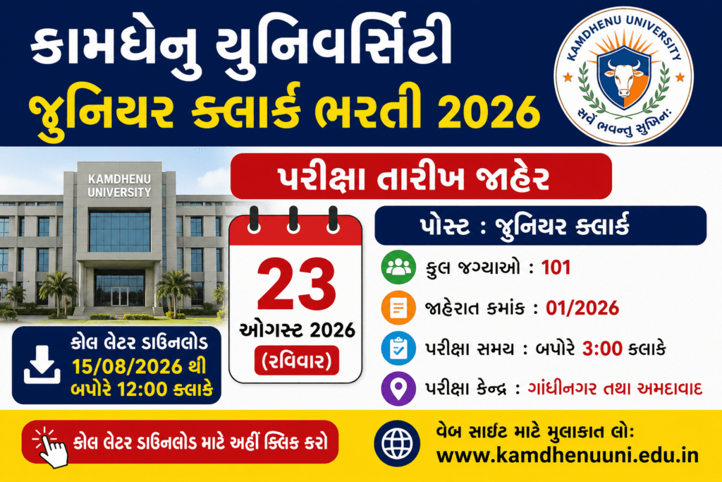 કામધેનુ યુનિવર્સિટી જુનિયર ક્લાર્ક ભરતી 2026 પરીક્ષા તારીખ અને કોલ લેટર ડાઉનલોડ માહિતી